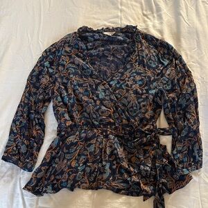 Lucky Brand Floral Wrap Blouse - Blue and Brown